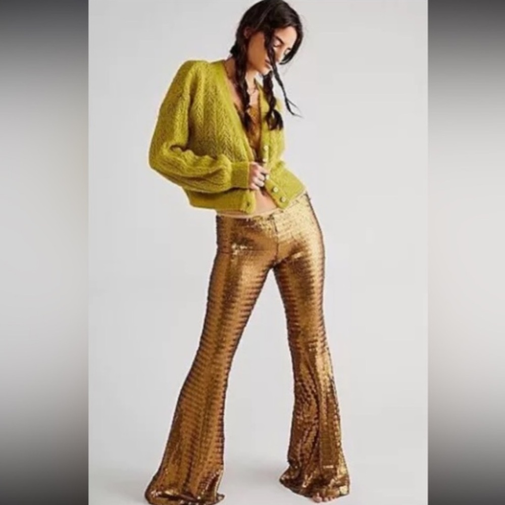 Free People Gold Flare Pants with Sequins